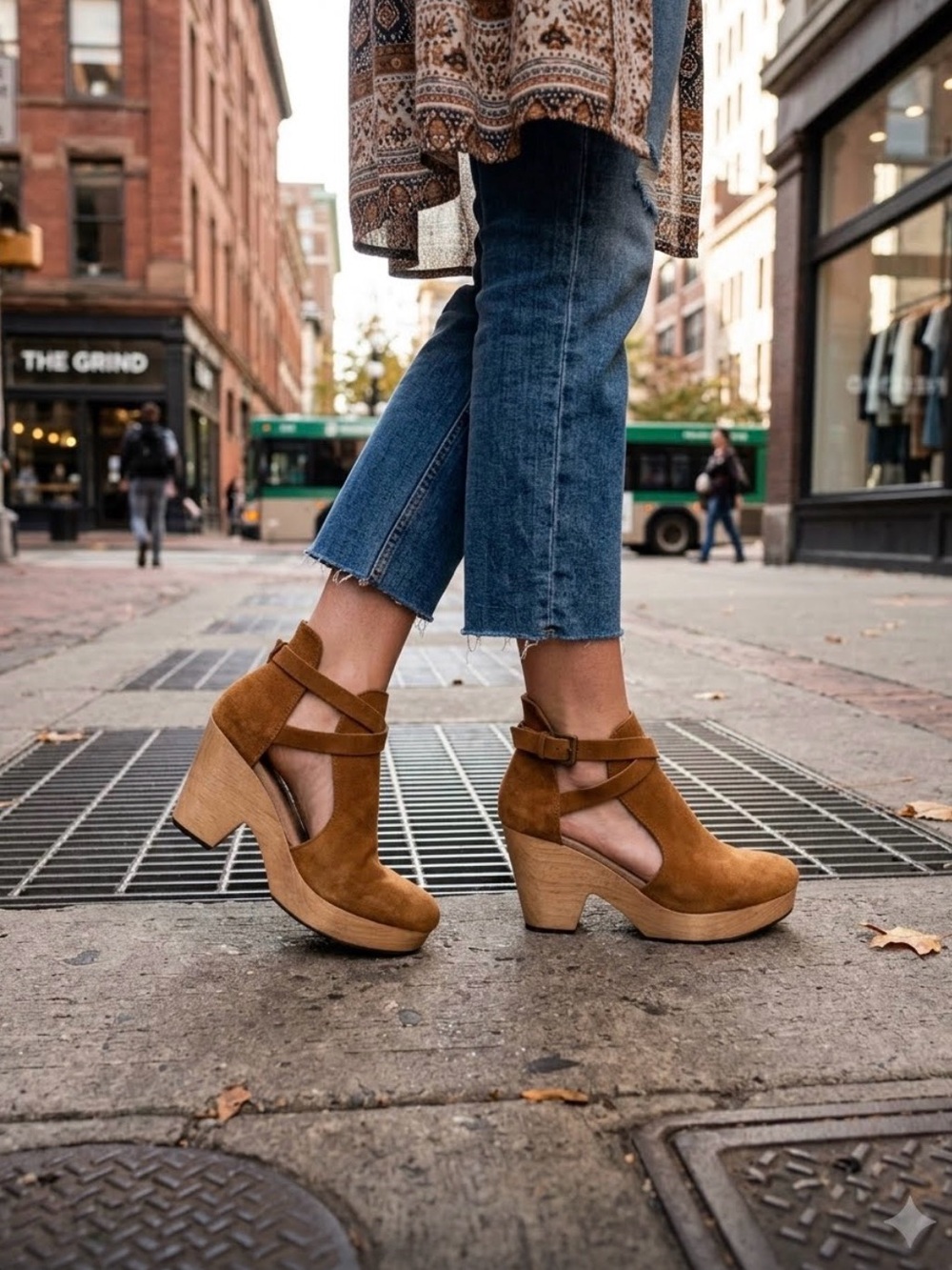 Free People Women's Suede Tan Cutout Ankle Strap Wooden Heels Size 6